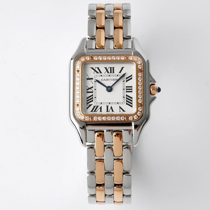 PANTHERE 27MM PINK GOLD SILVER CASE DIAMOND BEZEL WHITE DIAL