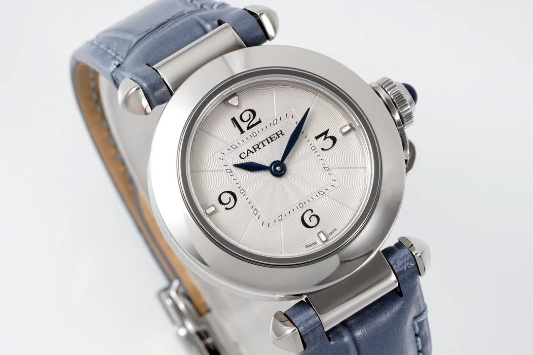 pasha 30mm quartz stainless steel white dial cloud blue leather
