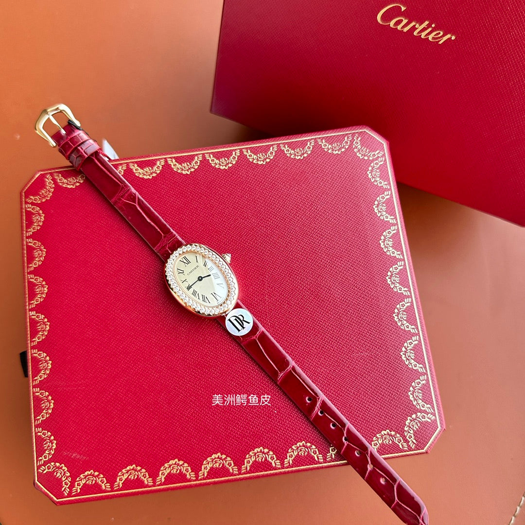Baignoire 23mm Pink Gold Case Diamond Bezel Red Leather Strap