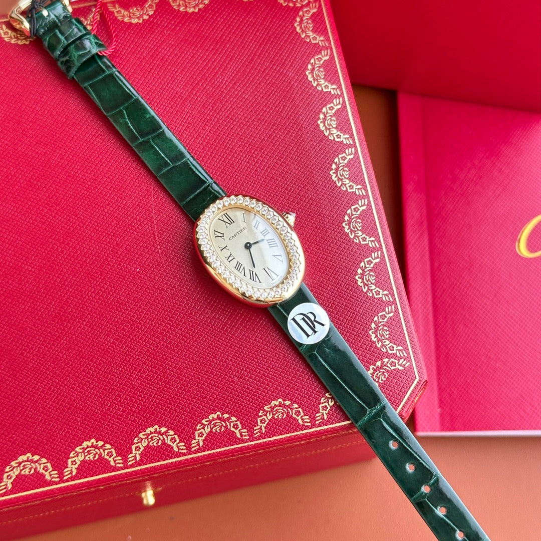 Baignoire 23mm Pink Gold Case Diamond Bezel Dark Green Leather Strap