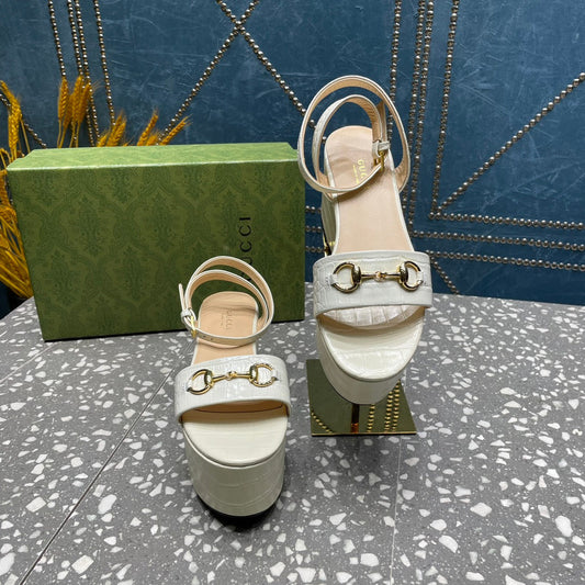 GG HORSEBIT FLATFORM SANDAL GLOSSY WHITE CALFSKIN