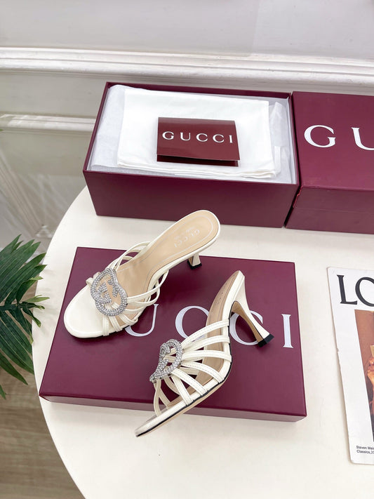 GG 26 High-Heeled Mules 85 White Beige Leather 587084