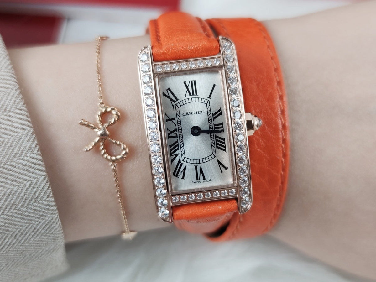 TANK AMERICAINE QUARTZ ROSE GOLD DIAMOND BEZEL SILVER DIAL