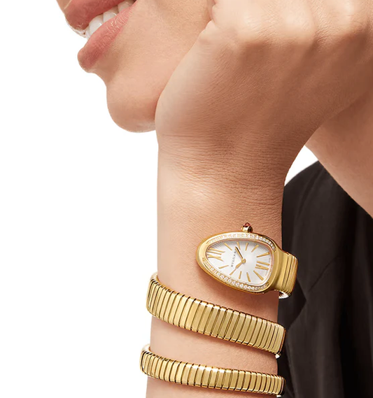 Bulgari Serpenti 35mm Tubogas 18k Yellow Gold Diamonds Silver Dial