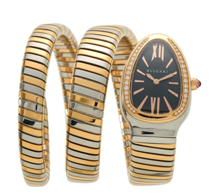 Bulgari Serpenti Tubogas 35mm Steel and Gold Diamond Quartz Black Dial Watch