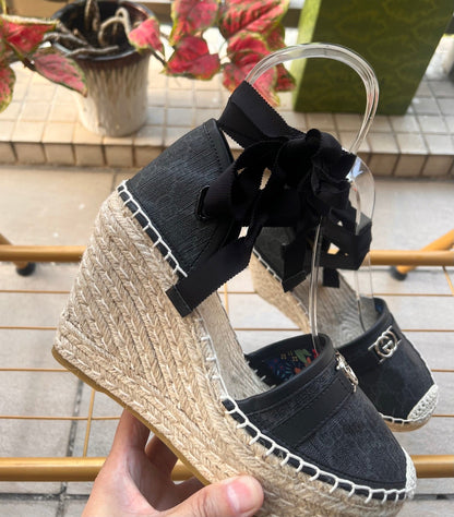 GG 26ss Platform Wedge Sandals 10cm Black Straw Canvas 692209