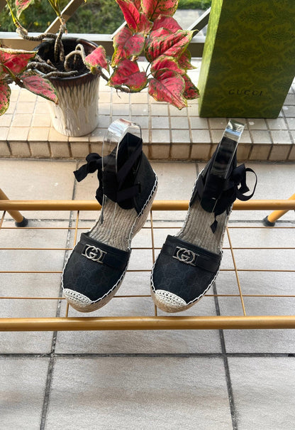 GG 26ss Platform Wedge Sandals 10cm Black Straw Canvas 692209