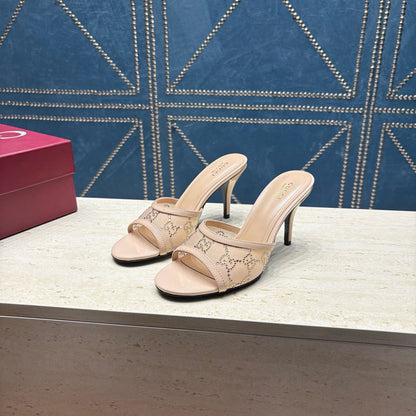 GG Women's Crystal Slide 8.5cm Sandal Beige Mesh Leather 741295