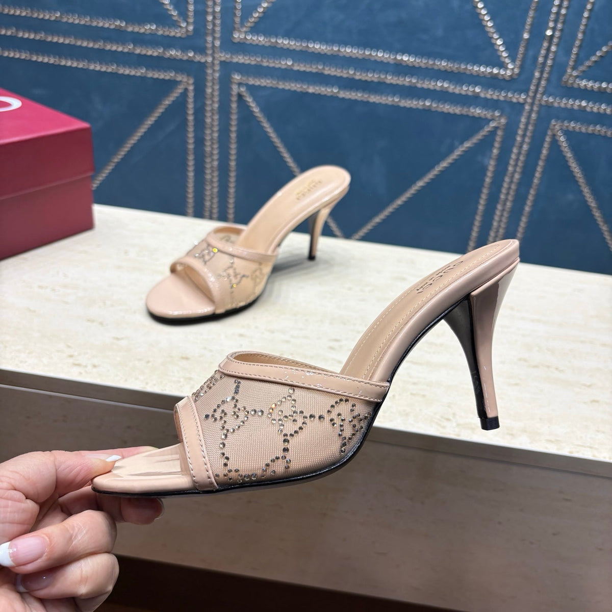 GG Women's Crystal Slide 8.5cm Sandal Beige Mesh Leather 741295