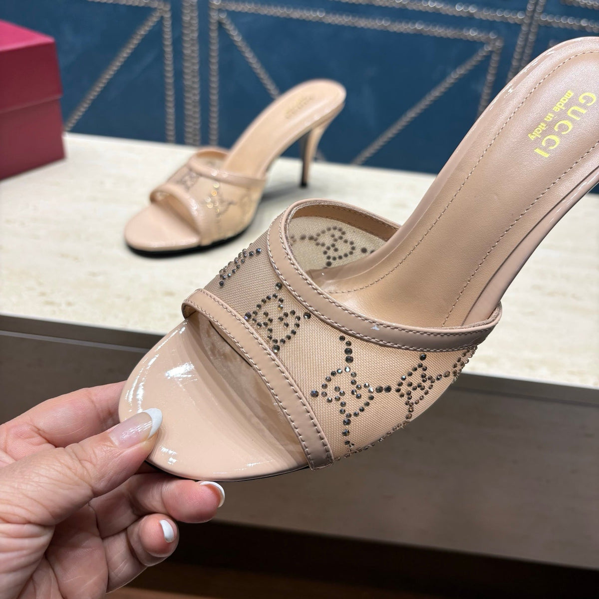 GG Women's Crystal Slide 8.5cm Sandal Beige Mesh Leather 741295