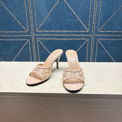 GG Women's Crystal Slide 8.5cm Sandal Beige Mesh Leather 741295