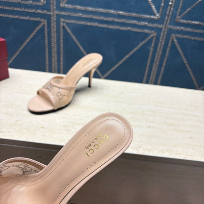 GG Women's Crystal Slide 8.5cm Sandal Beige Mesh Leather 741295