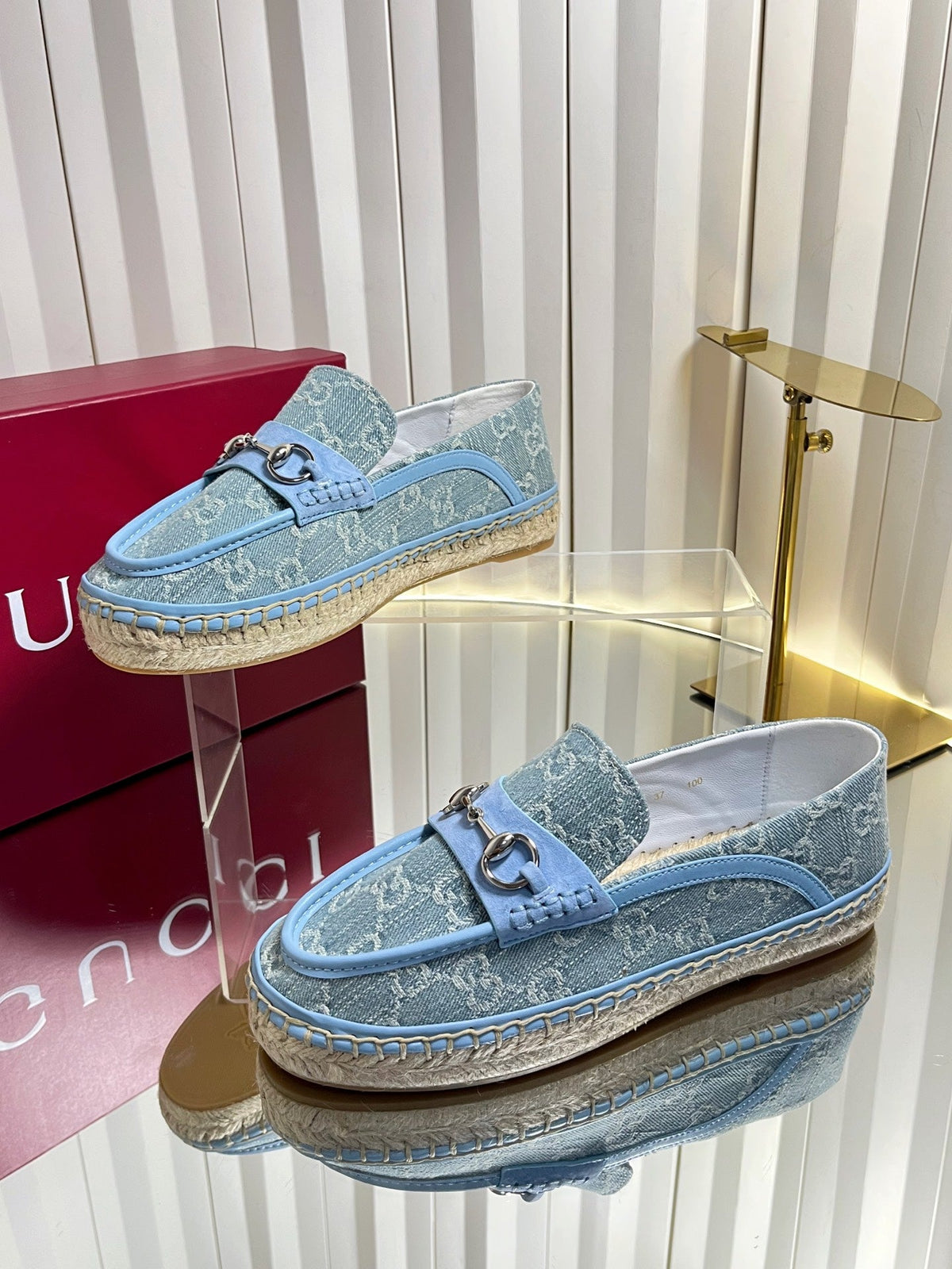 GG 26s Horsebit Espadrilles Flat Light Blue Canvas Suede 768176