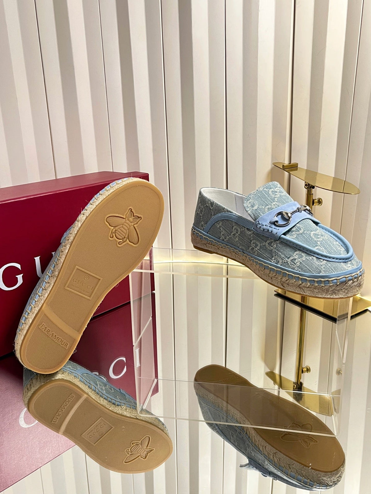 GG 26s Horsebit Espadrilles Flat Light Blue Canvas Suede 768176
