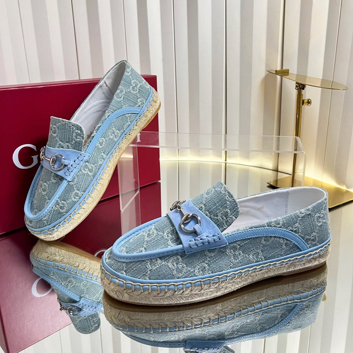 GG 26s Horsebit Espadrilles Flat Light Blue Canvas Suede 768176