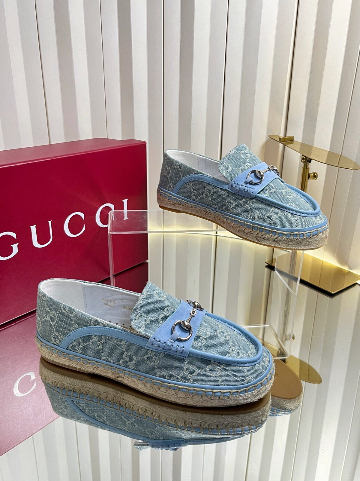 GG 26s Horsebit Espadrilles Flat Light Blue Canvas Suede 768176