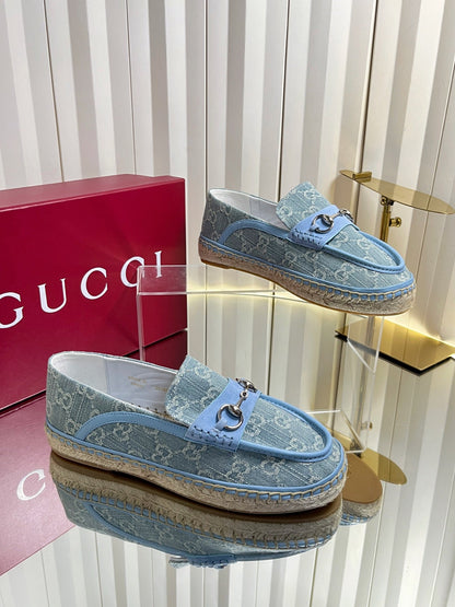 GG 26s Horsebit Espadrilles Flat Light Blue Canvas Suede 768176