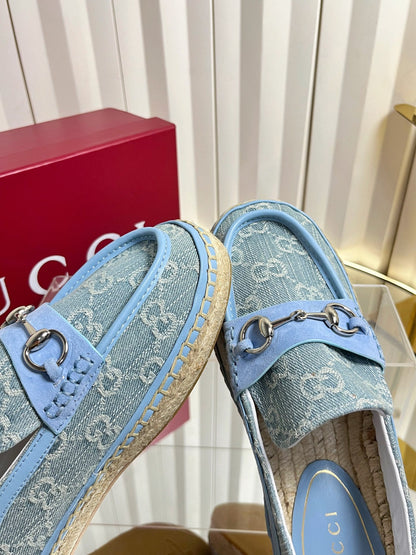 GG 26s Horsebit Espadrilles Flat Light Blue Canvas Suede 768176