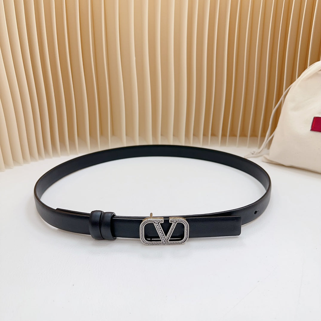 Vlogo Buckle Water Wave Silver Copper Glossy Black Leather 20mm Belt