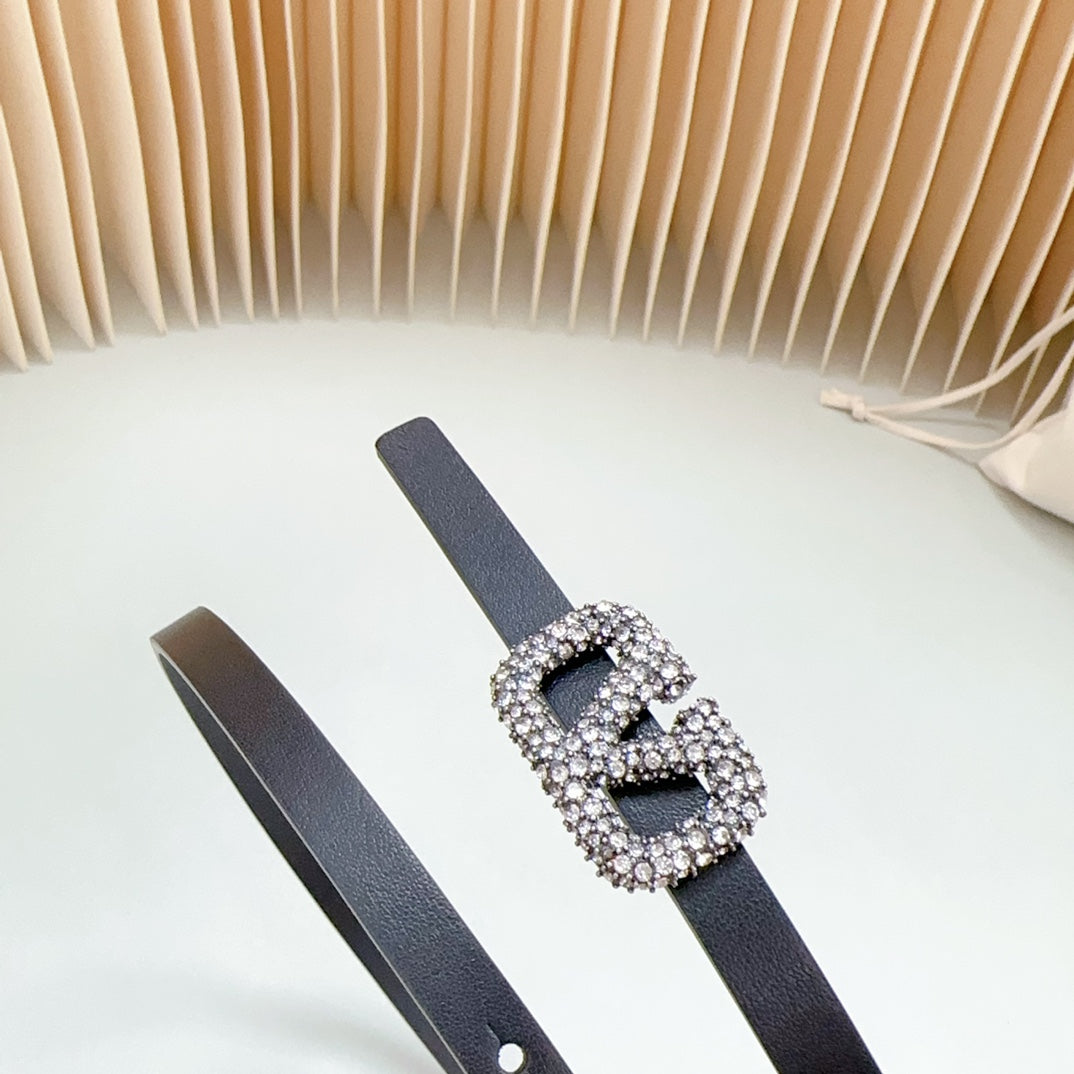 VL Belt 8mm Buckle Silver Diamond Leather Black