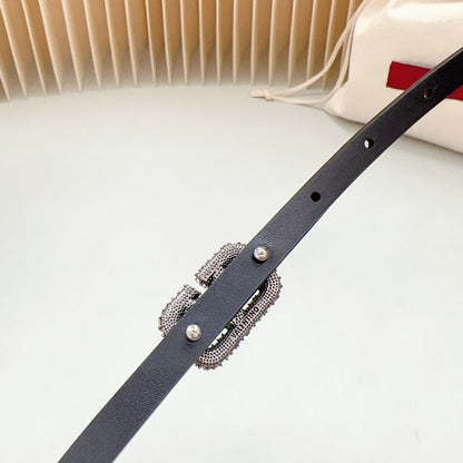 VL Belt 8mm Buckle Silver Diamond Leather Black