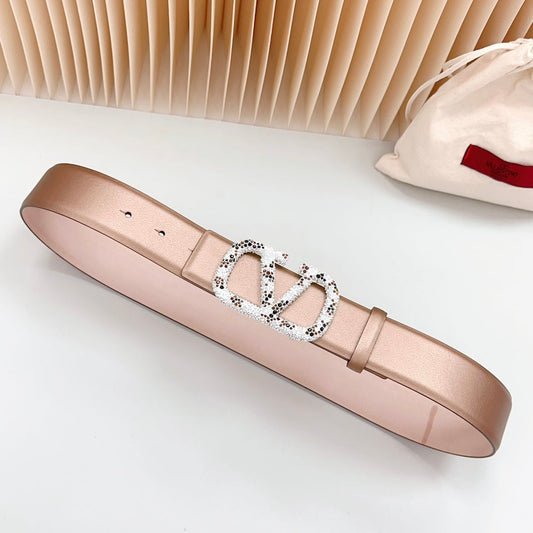 Vlogo Brown Black White Stone Silver Buckle Belt 40mm Brown Light Pink Leather