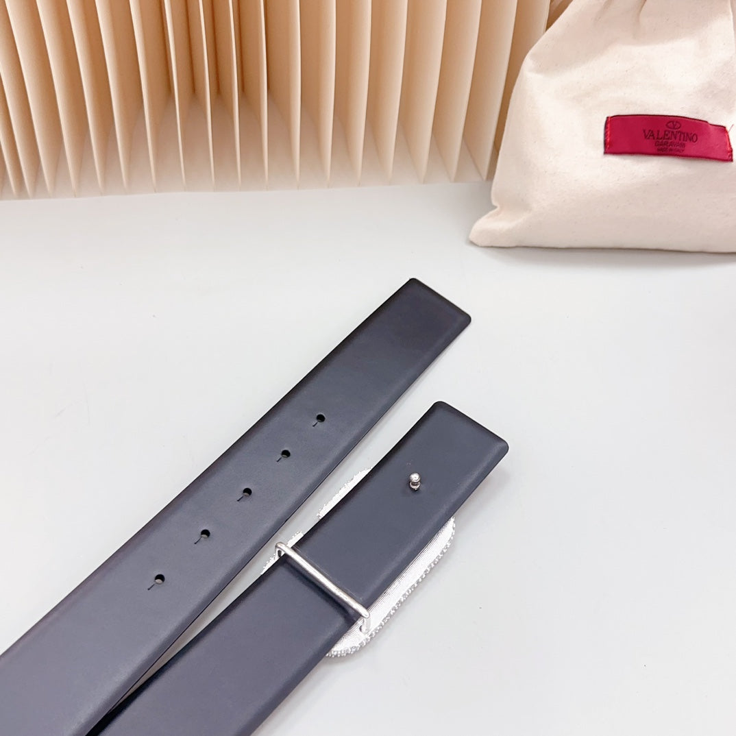 Vlogo Brown Black White Stone Silver Buckle Belt 40mm Black Leather