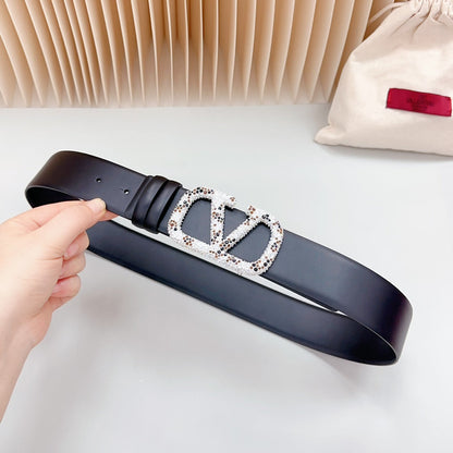 Vlogo Brown Black White Stone Silver Buckle Belt 40mm Black Leather