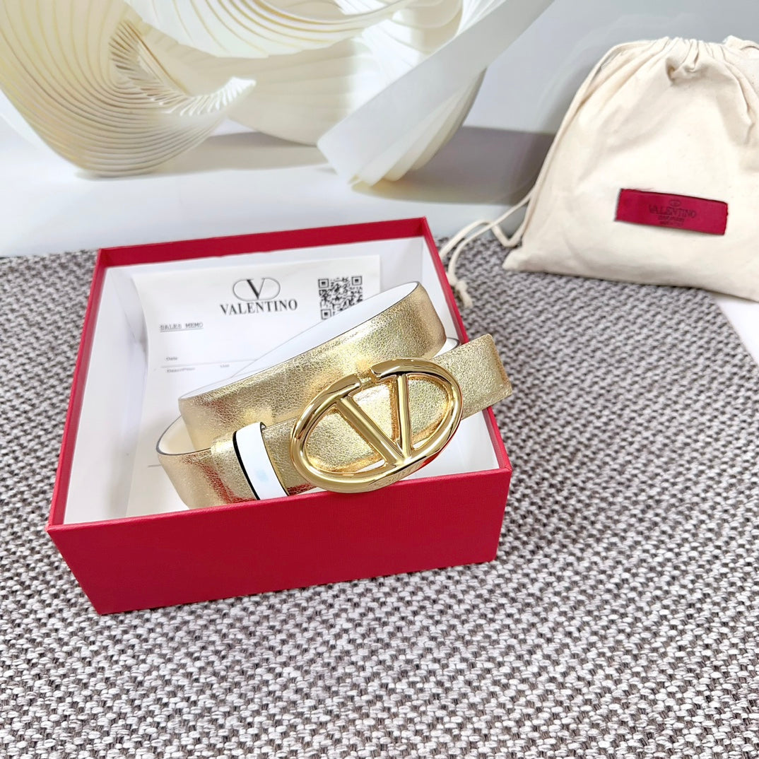 The Bold Edition Reversible Belt 30mm Gold Metalic White Calfskin Gold Buckle