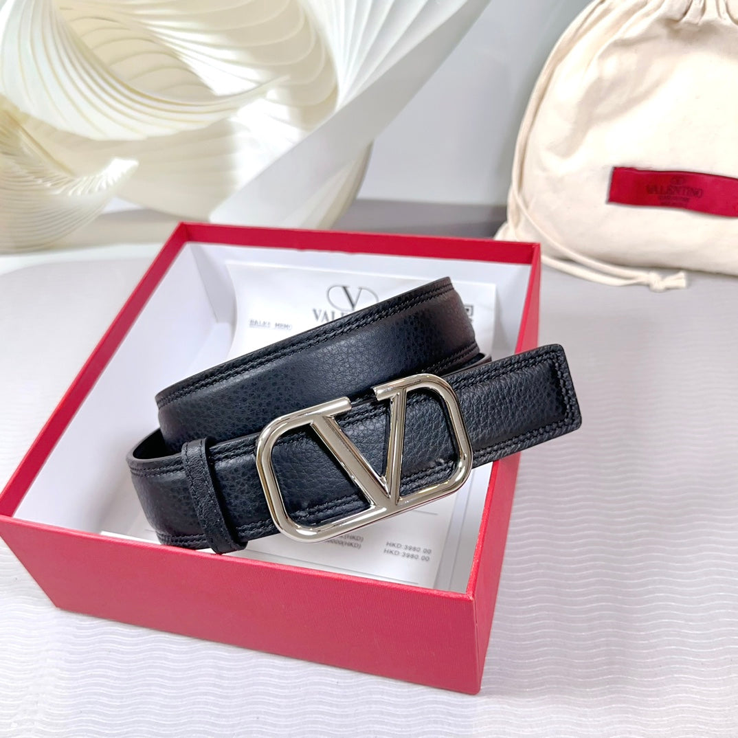 Vlogo Belt 34mm Black Calfskin Silver Buckle