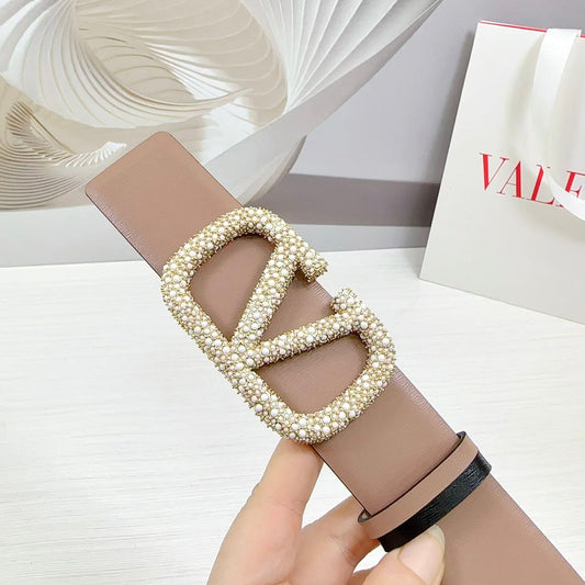 VLOGO SIGNATURE REVERSIBLE BELT 40MM ROSE BLACK GOLD CALFSKIN GOLD PEARL BUCKLE