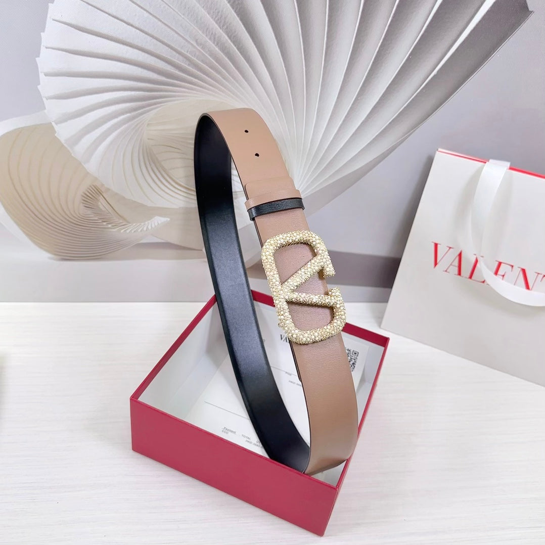 VLOGO SIGNATURE REVERSIBLE BELT 40MM ROSE BLACK GOLD CALFSKIN GOLD PEARL BUCKLE