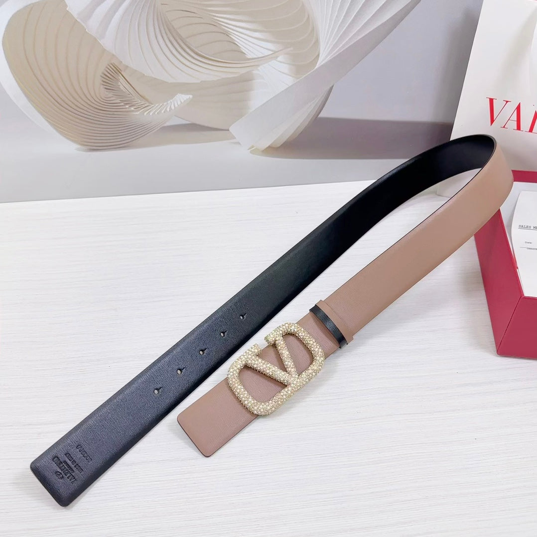 VLOGO SIGNATURE REVERSIBLE BELT 40MM ROSE BLACK GOLD CALFSKIN GOLD PEARL BUCKLE