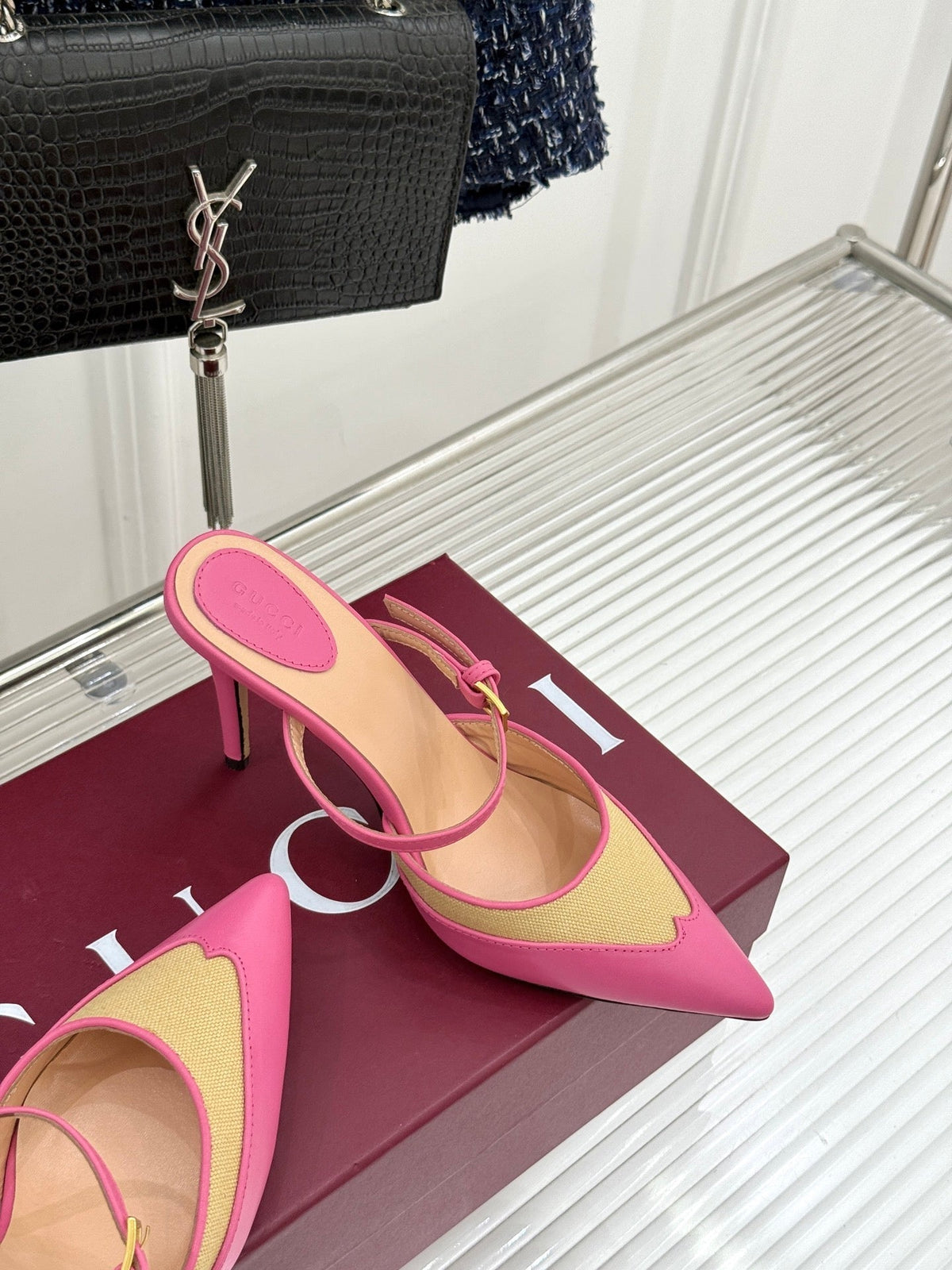 GG 26WF Mules 9.5cm Hot Pink Beige Leather Canvas 886169
