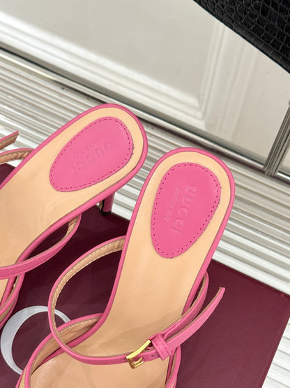 GG 26WF Mules 9.5cm Hot Pink Beige Leather Canvas 886169