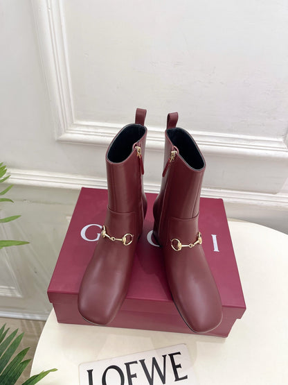 GG horsebit chunky heel ankle boots burrgundy calfskin 536060