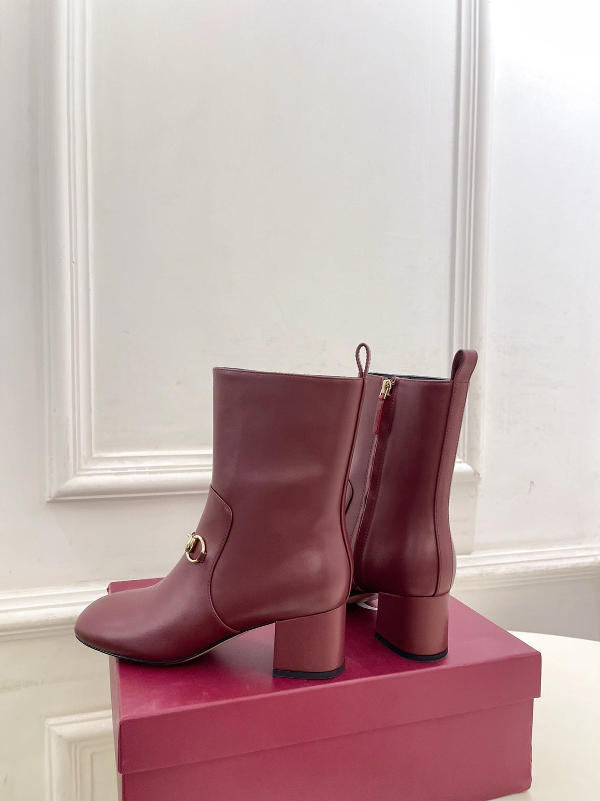 GG horsebit chunky heel ankle boots burrgundy calfskin 536060