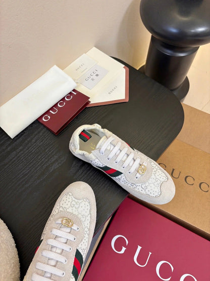 GG 26 Casual Sneakers White Light Gray Cowhide Suede Rhinestones 627231