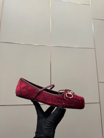 Gucci 2026 Crystal Rhinestone Ballet Flat Red Velvet Leather 629716