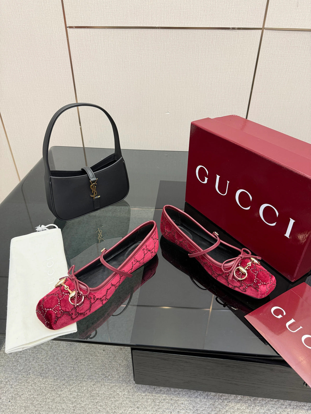 Gucci 2026 Crystal Rhinestone Ballet Flat Red Velvet Leather 629716