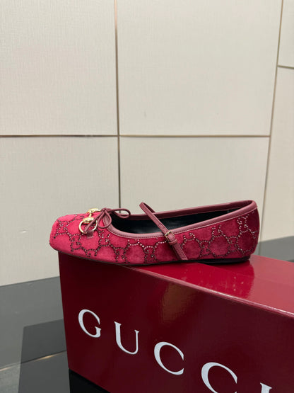 Gucci 2026 Crystal Rhinestone Ballet Flat Red Velvet Leather 629716