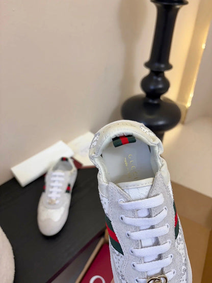 GG 26 Casual Sneakers White Light Gray Cowhide Suede Rhinestones 627231