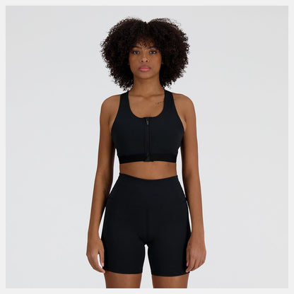 New Balance Sleek Medium Support Pocket Zip Front Bra - Black - WOMEN (WB41047)